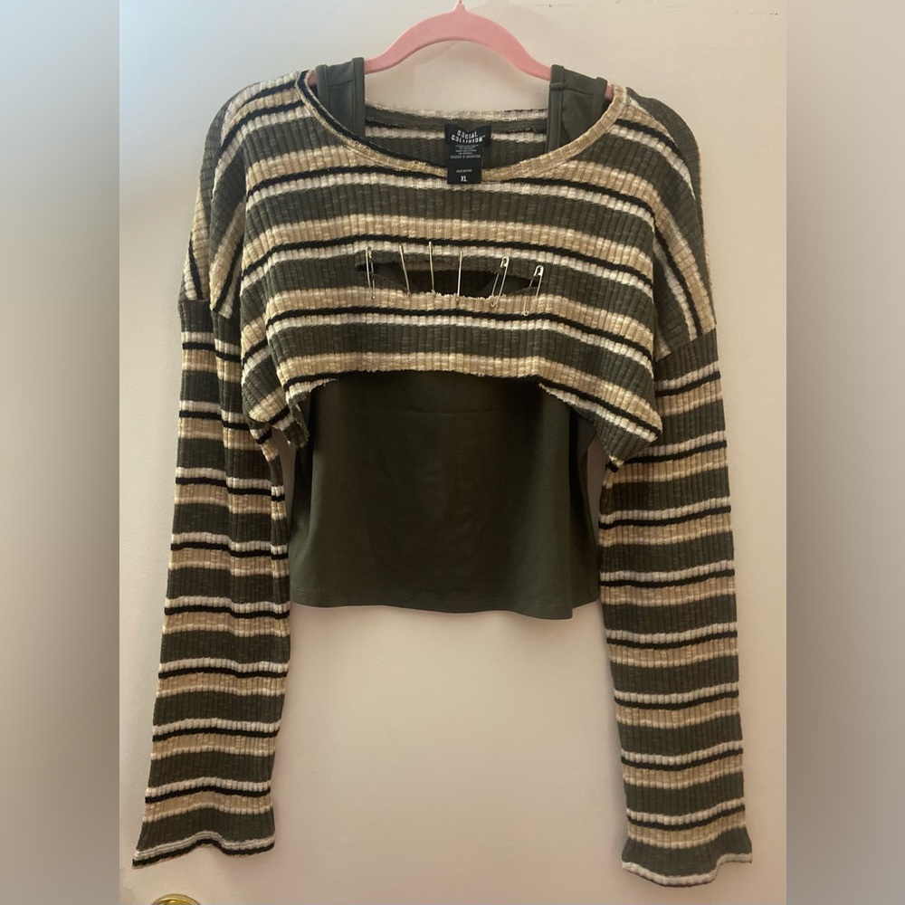 Striped Long Sleeve Top - Green and Cream